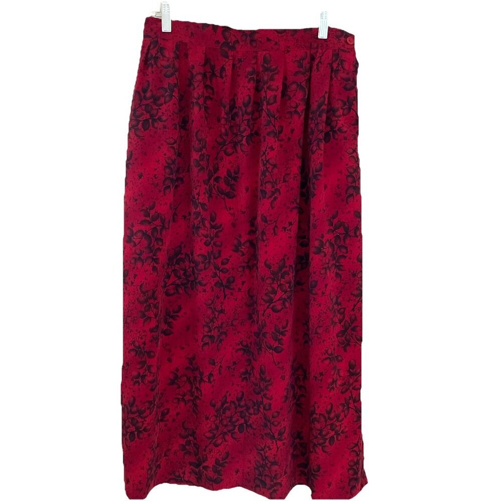 Vintage Leslie Fay Midi Skirt Women's Size 14 Red Floral Elastic Back Retro 80s